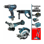 Makita - pack premium 4 machines 18v 5ah: ddf482 + dga504 + dhr202 + dss610 + 3 batt + 4 makpac + offert ...