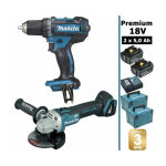 Makita - pack premium 18v 5ah: perceuse 62nm ddf482 + meuleuse 125mm dga504 + 2 batteries + 2 makpac ...