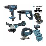Pack makita premium 4 machines 18v 5ah: perceuse ddf482 + meuleuse dga504 + perforateur dhr202 + djv180 ...