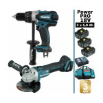Makita - pack power pro 18v: perceuse 91nm ddf458 + meuleuse 125mm dga504 + 3 batt 5ah + sac