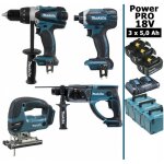 Pack makita power pro 18v: perceuse 91nm ddf458 + perfo 2j dhr202 + visseuse  chocs 165nm dtd152 + scie ...