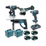Makita - pack pro 18v 5ah: perceuse 91nm ddf458 + meuleuse 125mm dga504 + perforateur 2j dhr202 + visseuse ...
