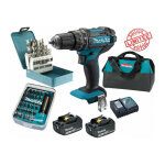 Pack perceuse visseuse percussion makita 18v 62nm dhp482 + 2 batt 3 ah + 30 embouts de vissage + 18 forets ...