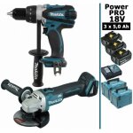 Makita - pack power pro 18v: perceuse 91nm ddf458 + meuleuse 125mm dga504 + 3 batt 5ah + 2 coffrets makpac ...