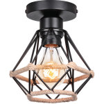 Plafonnier industriel vintage interieur cage en forme diamant en m�tal avec corde de chanvre fer lustre ...