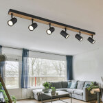 Plafonnier spot de plafond noir spot spot bande 6 flammes, mdf aspect bois scandinave, 6x douilles gu10, ...