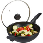 Po�le � wok couvercle en verre 30 cm, poign�e, rev�tement antiadh�sif, induction, four � gaz et �lectrique, ...