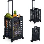 Relaxdays chariot de courses pliable, caisse sur roulettes, 25 kg, poign�e t�lescopique, grillag�, noir ...