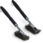 Relaxdays triple brosse � barbecue en lot de 2, grattoir pour l?une des deux, poils en acier inoxydable, ...