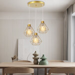 R�tro vintage suspension lustre industrielle cage en m�tal fer luminaire en barre 3 lumi�res dor�