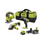 Ryobi - pack 18v one + - perceuse - visseuse - meuleuse - scie sauteuse pendulaire - 2 batteries - 1 ...