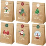 Sacs cadeaux de no�l (12 pi�ces) - papier kraft brun avec autocollant, 12 x 22 cm, 6 motifs, r�utilisables, ...