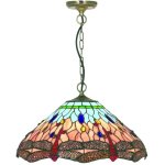 Searchlight - dragonfly - plafonnier � 1 lumi�re, laiton antique, bleu, verre tiffany libellule, e14