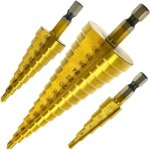 Set de 3 foret fraise meche etage, hss inox metal, 4 - 12 / 20 / 32mm, triangle conique titane, avec ...
