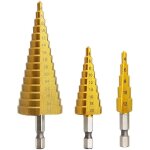 Set de 3 foret fraise meche etage, hss inox metal, 4 - 12 / 20 / 32mm, triangle conique titane, avec ...