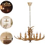 Suspension antique lustre en forme plafonnier de bois de cerf avec 6 ampoules e14 rtro pour bar, caf, ...