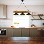 Suspension industrielle bois m�tal, 3 abat - jour noirs camogli