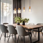 Suspension, lampe suspendue, lampe de salle � manger, lampe en bois, verre fum�, 4 flammes, h 120 cm