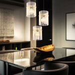 Suspension lampe de table � manger lampe � suspendre salon 3 flammes, m�tal noir bois brun verre fum�, ...