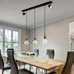 Suspension, noir, moderne, lampe de table � manger, 5 spots de flamme, pivotant, aspect bois, verre m�tal, ...