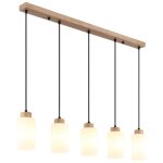 Suspension, plafonnier, bois, marron, verre opale, 5 lumi�res, h 120 cm