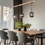 Suspension plafonnier salon lampe suspension lampe salle  manger, mtal verre noir bois fum, 3 flammes, ...