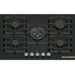 Bosch ? plaque de cuisson gaz 75cm 5 feux 11500w avec foyer wok ? surface en verre tremp� noir ? grilles ...