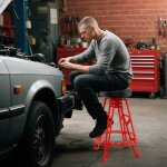 Tabouret de m�canicien haut chaise de garage en aluminium r�sistant avec si�ge pivotant � 360� & repose ...
