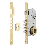 Boitier de serrure encastrable � cylindre pour porte d'entr�e, axe 60mm, 4 p�nes, bouts ronds, laiton ...