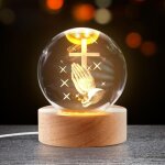 Veilleuse boule j�sus 3d ? base bois, mains pri�re, croix, lampe religieuse, cadeau spirituel