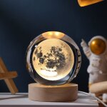 Veilleuse cristal 3d 60 mm, syst�me solaire plan�tes, lampe led cr�ative astronomie avec socle en bois, ...