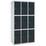 Vestiaire m�tallique 9 porte, 3 modules, 1800x1200x500 mm, serrure � cl� et a�rations, gris / anthracite ...
