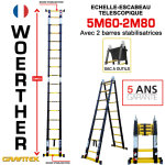 Echelle - escbeau t�lescopique 5m60 / 2m80 woerther avec barre stabilisatrice - avec sac porte ouils ...