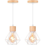 E27 lampes suspension industrielle vintage lustre suspension en m�tal cage et bois �15, 5cm blanc - 2pcs ...