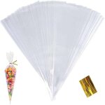 100 pi�ces 25x13cm sachets transparents bonbons sacs cellophane c�ne friandises pochette avec ruban d'or ...