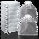 100 sachets organza 7x9cm, blancs, pochettes cadeaux, pour bijoux, drages, lavande, mariage, cordon