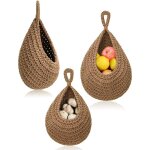 3 paniers suspendus en jute tress� marron, forme goutte d'eau, rangement mural pour cuisine et salon