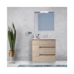 Meuble de salle de bain sur pied 85 cm en bois naturel avec vasque - nova - avec miroir et lampe led