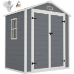 Abri de jardin 2, 12m� gris - r�sine polypropyl�ne, toit en pente, 2 portes + 1 fen�tre + grille d'a�ration ...