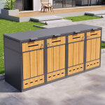 Abri poubelle avec 2 bacs, couvercles rabattables, a�ration, portes effet bois, 120 � 240 l, acier, gris ...