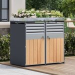Abri poubelles double verrouillable avec bac � plantes, acier galvanis�, portes � lames, gris et effet ...