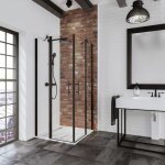 Accès d'angle droit avec portes de douche battantes, verre 5 mm transparent anticalcaire, profilé noir, ... Accès d'angle droit avec portes de douche battantes, verre 5 mm transparent anticalcaire, profilé noir, ...