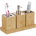 Accessoires de salle de bain, lot de 4, bambou, distributeur de savon  pompe, gobelet  brosse  dents, ...