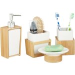 Accessoires salle de bain bambou céramique set 4 pièces distributeur savon gobelet brosse à dent, nature ... Accessoires salle de bain bambou céramique set 4 pièces distributeur savon gobelet brosse à dent, nature ...