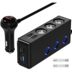 Adaptateur d'alimentation pour voiture  3 prises avec 4 ports de charge usb et affichage led - 2 fusibles ...