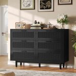 Adwolt commode 6 tiroirs en bois massif et bambou tress� 115x40x80 cm - noir