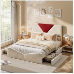 Adwolt lit 140x190 cm avec 4 tiroirs - sommier inclus, velours beige, t�te de lit bordeaux