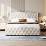 Adwolt lit 140x200 velours beige wave - t�te ondul�e clout�e, sommier inclus