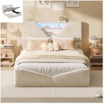 Adwolt lit coffre 140x200 cm velours beige avec led int�gr�e et sommier - rangement hydraulique