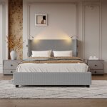 Adwolt lit coffre 140x200 cm velours c�tel� gris - rangement hydraulique, led & ports usb